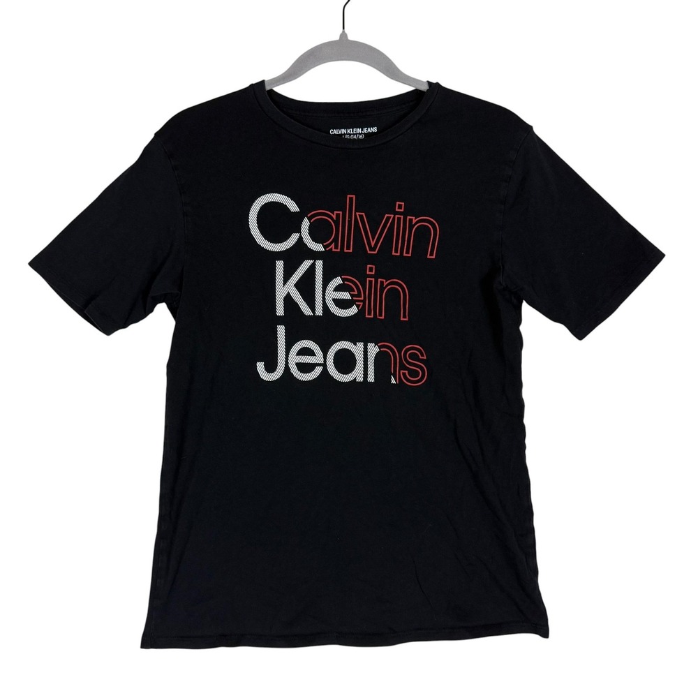 Calvin Klein Jeans Shirt Kids 14-16 Black Logo Graphic Tee Top Crewneck Cotton